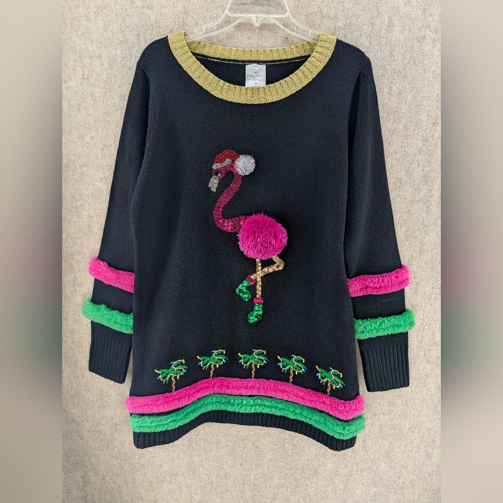 Whimsical Flamingo Crewneck Sweater - Black with Pink & Green